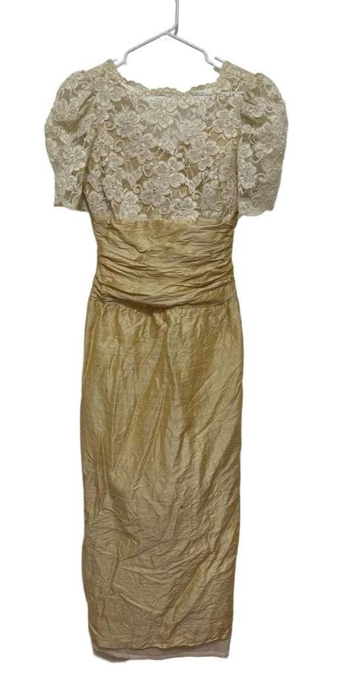 Vintage Gold Raw Silk and Lace Puff Sleeve Cocktail Dress